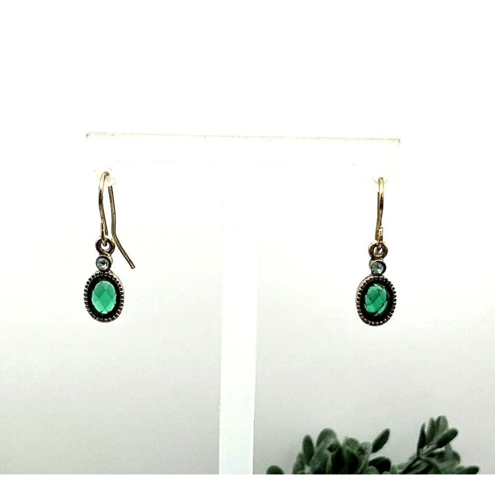 Vintage-Style Gold Tone Drop Earrings With Green Oval Resin gem - Picture 3 of 7